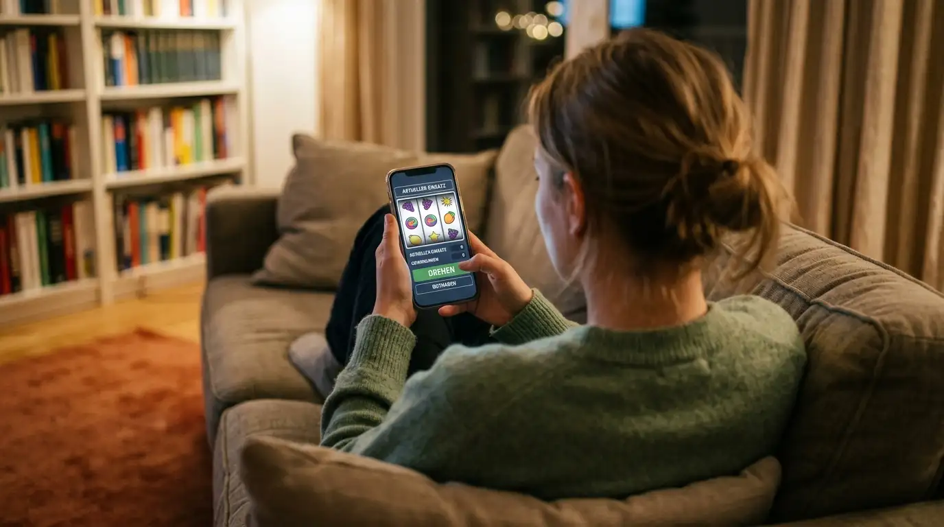 Person spielt am Smartphone einen Spielautomaten in einer ruhigen Wohnzimmer-Szene