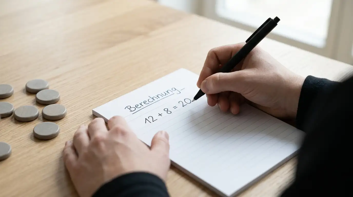 Person notiert die Bonusrechnung mit Stift und Block neben einem Spielguthaben-Symbol