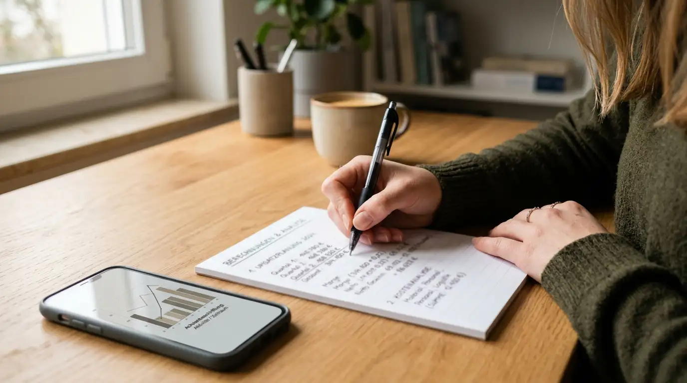 Person berechnet den realen Wert von 40 Freispielen mit Stift und Papier