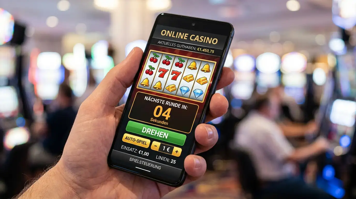 Smartphone mit Casino-App und sichtbarem 5-Sekunden-Timer zwischen Spins