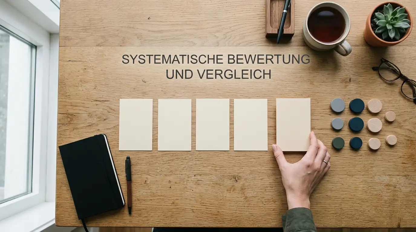 Ordentlich ausgelegte Vergleichskarten und neutrale Spielmarken auf einem Schreibtisch