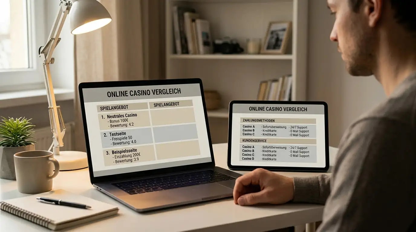 Person vergleicht mehrere Casino-Anbieter auf Laptop und Tablet am Schreibtisch