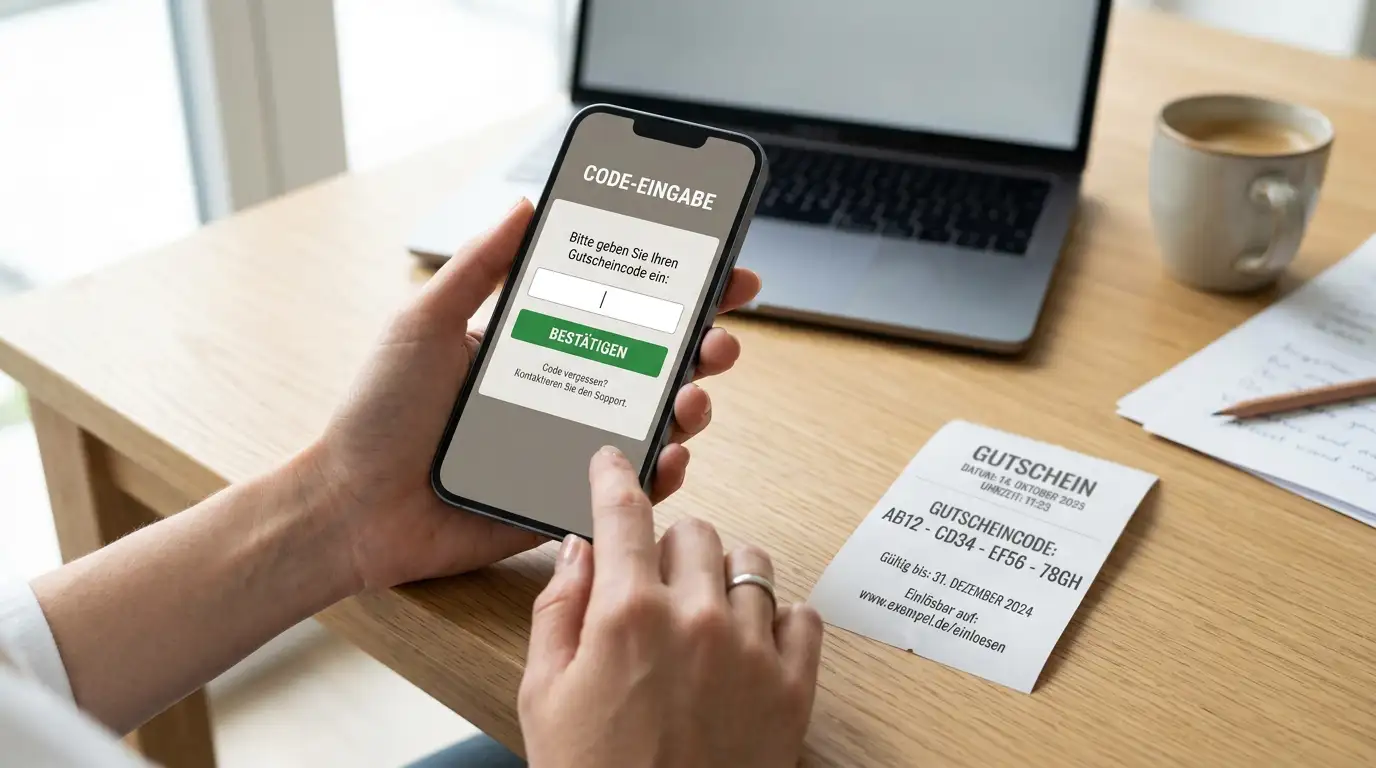 Einlösung eines Voucher-Codes am Smartphone — Schrittfolge in der Casino-Kasse