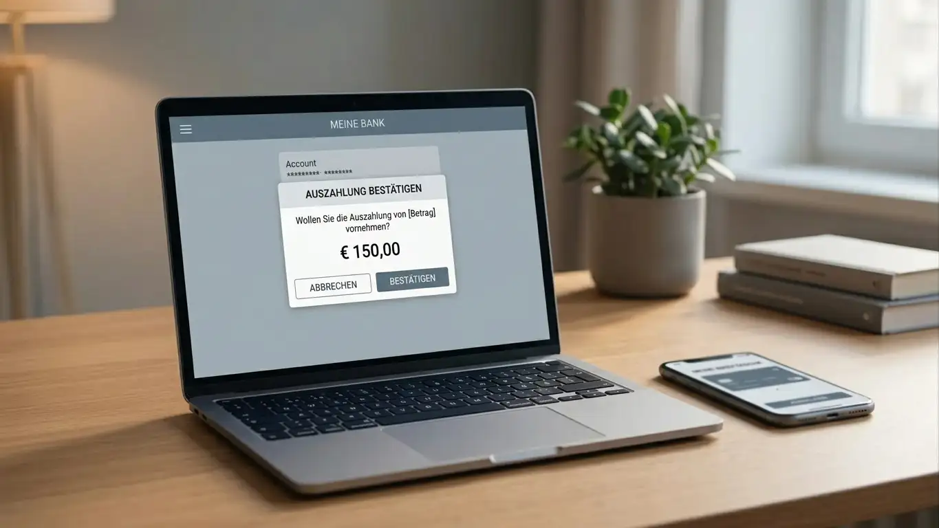 Neutraler Auszahlungsdialog auf einem Bildschirm, daneben ein Smartphone mit geschlossener Wallet-App