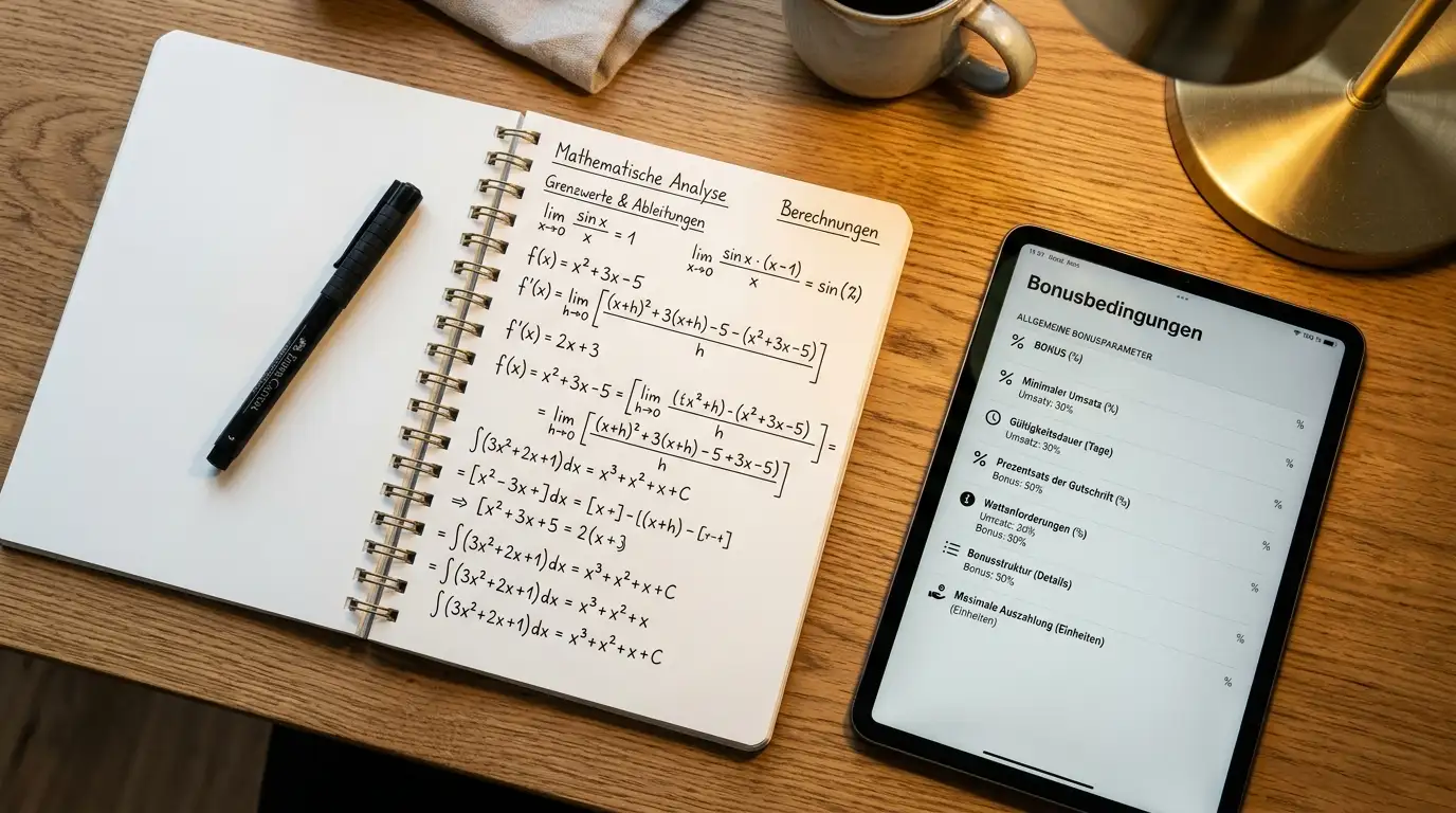 Notizbuch mit handschriftlichen Berechnungen neben einem neutralen Bonus-Bildschirm