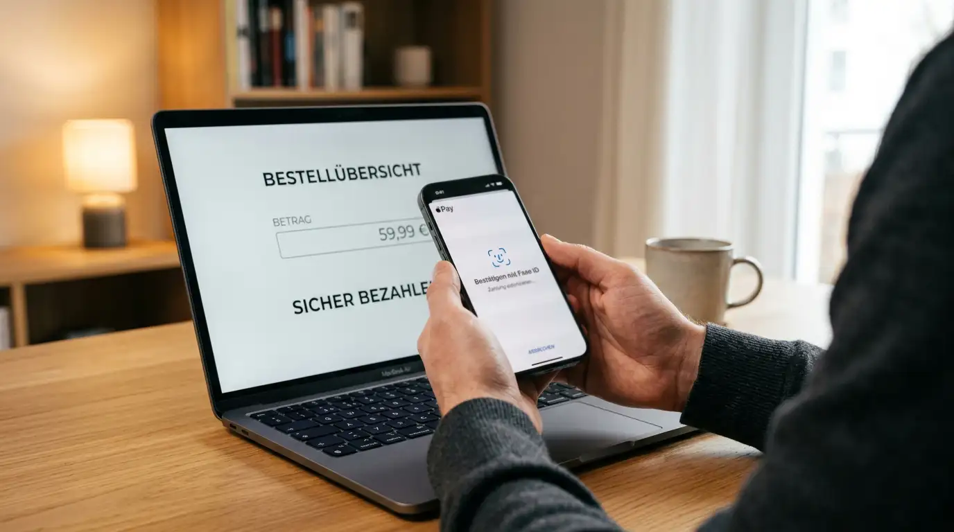 Hände halten ein iPhone über einem Laptop, auf dem Bildschirm ein neutraler Kassenbereich