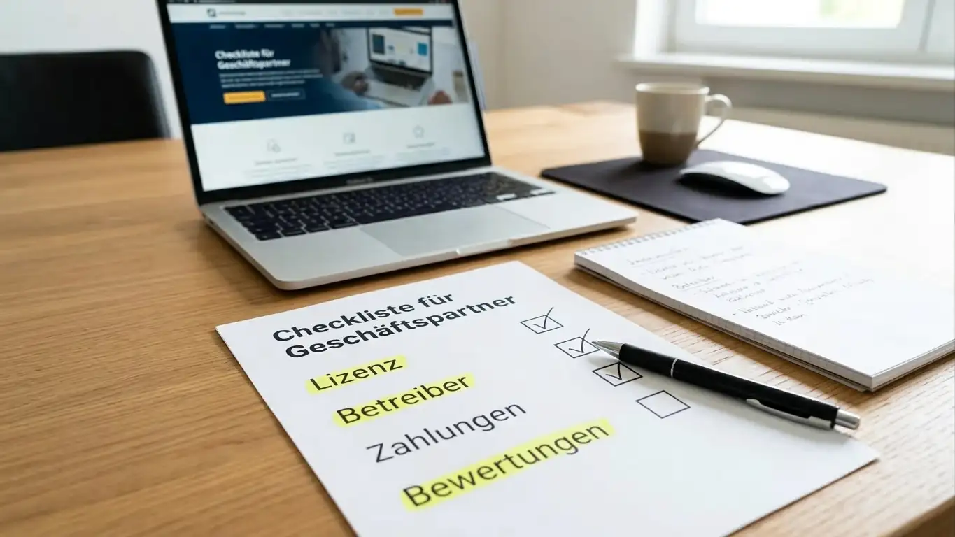 Checkliste auf Schreibtisch mit Markierungen Lizenz Betreiber Zahlungen Bewertungen