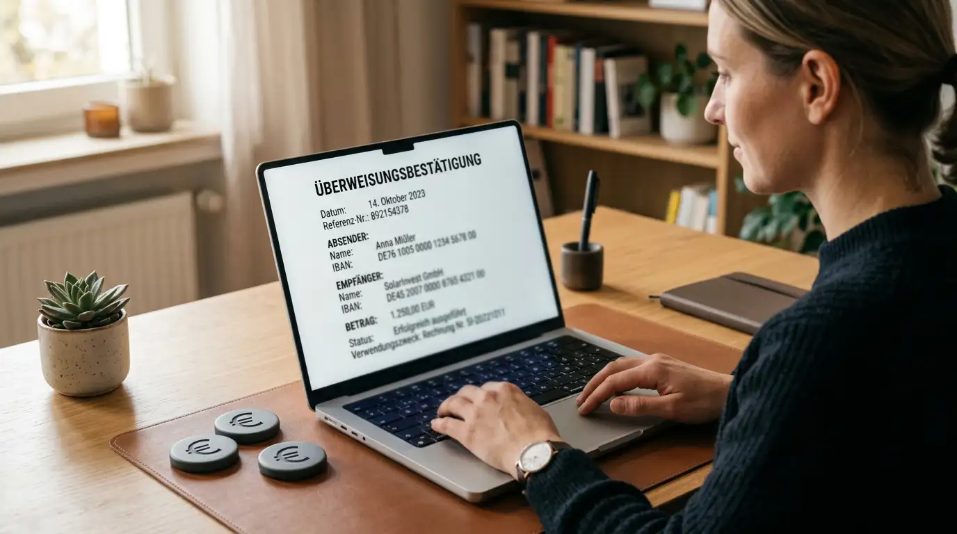 Person an einem Schreibtisch prüft eine neutrale Banküberweisungsbestätigung auf einem Laptop, Euro-Symbol-Markierungen als Platzhalter