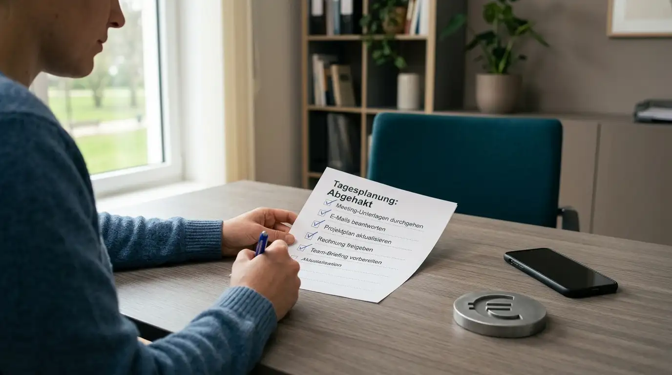 Person prüft eine gedruckte Checkliste mit Häkchen am Schreibtisch