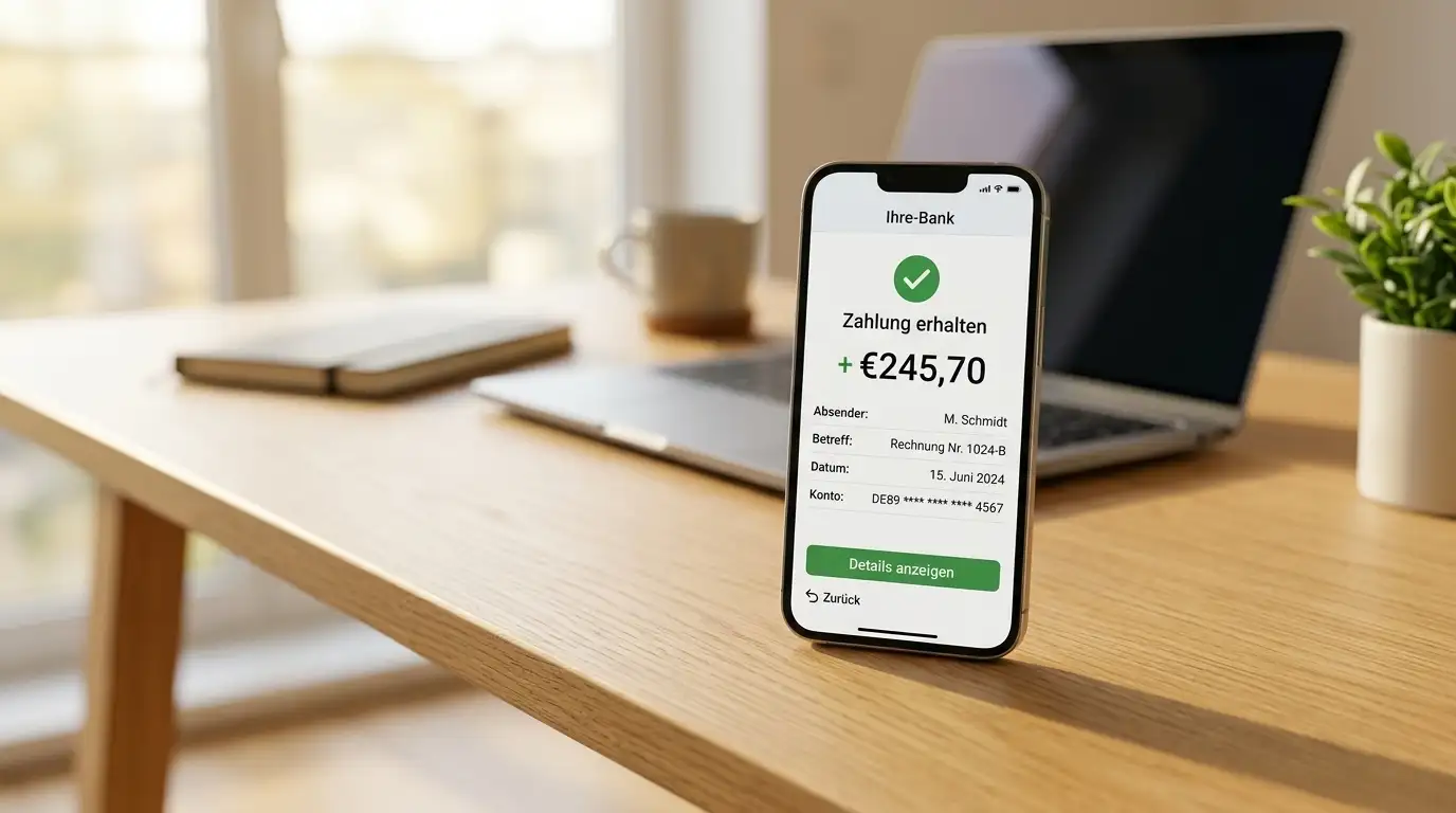 Smartphone mit Auszahlungsbestätigung und Bankkonto-Übersicht