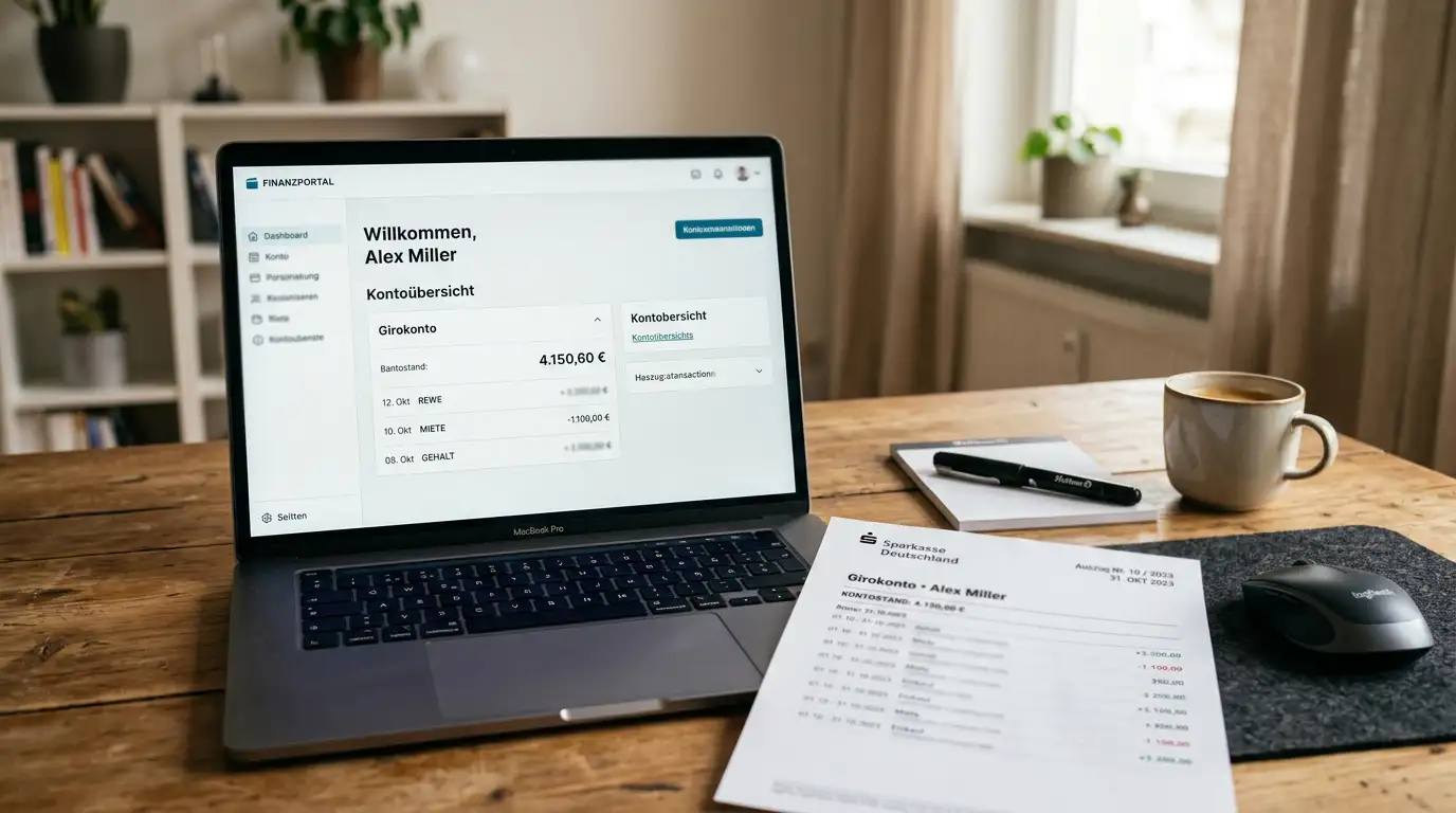 Laptop zeigt neutrale Banking-App-Oberfläche neben Kontoauszug