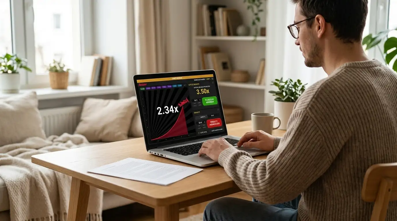 Person testet Aviator im Demo-Modus auf einem Laptop ohne Echtgeld-Einsatz