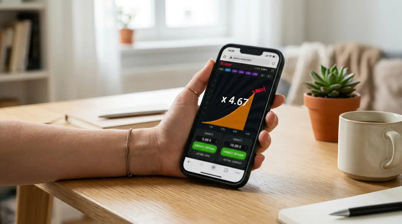 Smartphone mit geöffnetem Aviator-Spiel im mobilen Browser auf Schreibtisch