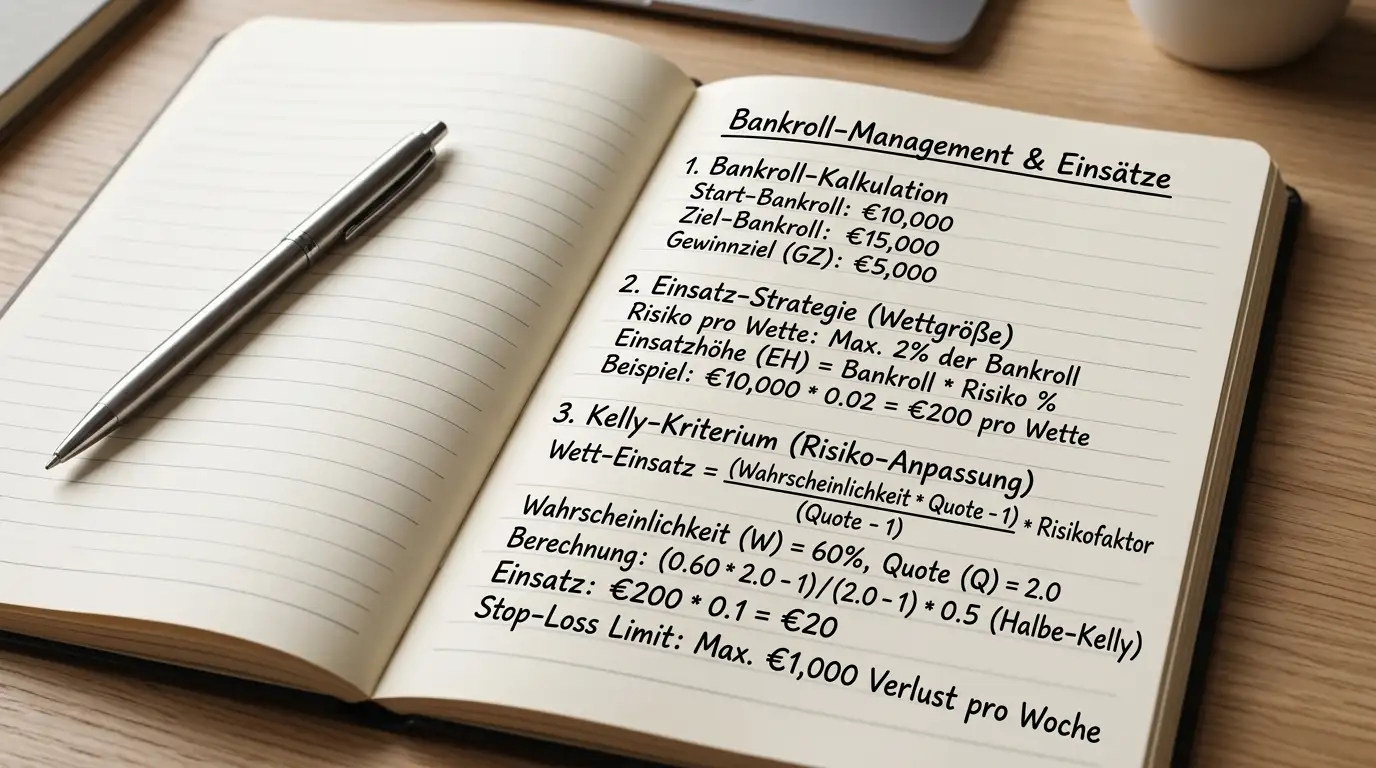 Notizblock mit Bankroll-Management-Berechnung und Einsatzstrategie für Aviator