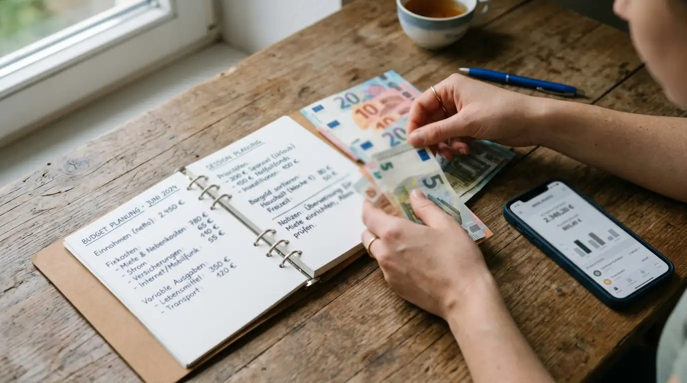 Person plant Budget mit Notizbuch und Euro-Scheinen auf Schreibtisch