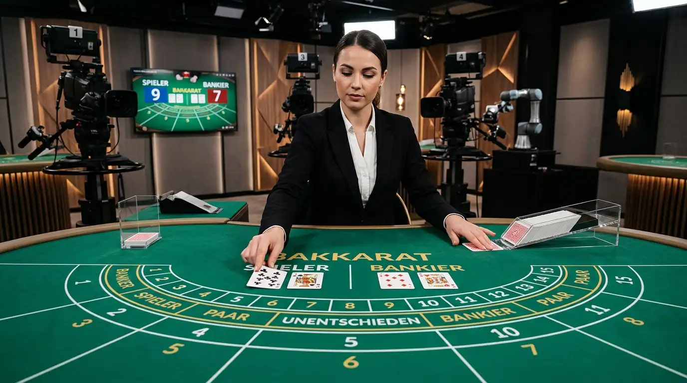 Live-Baccarat-Tisch mit Dealer in professionellem Casino-Studio