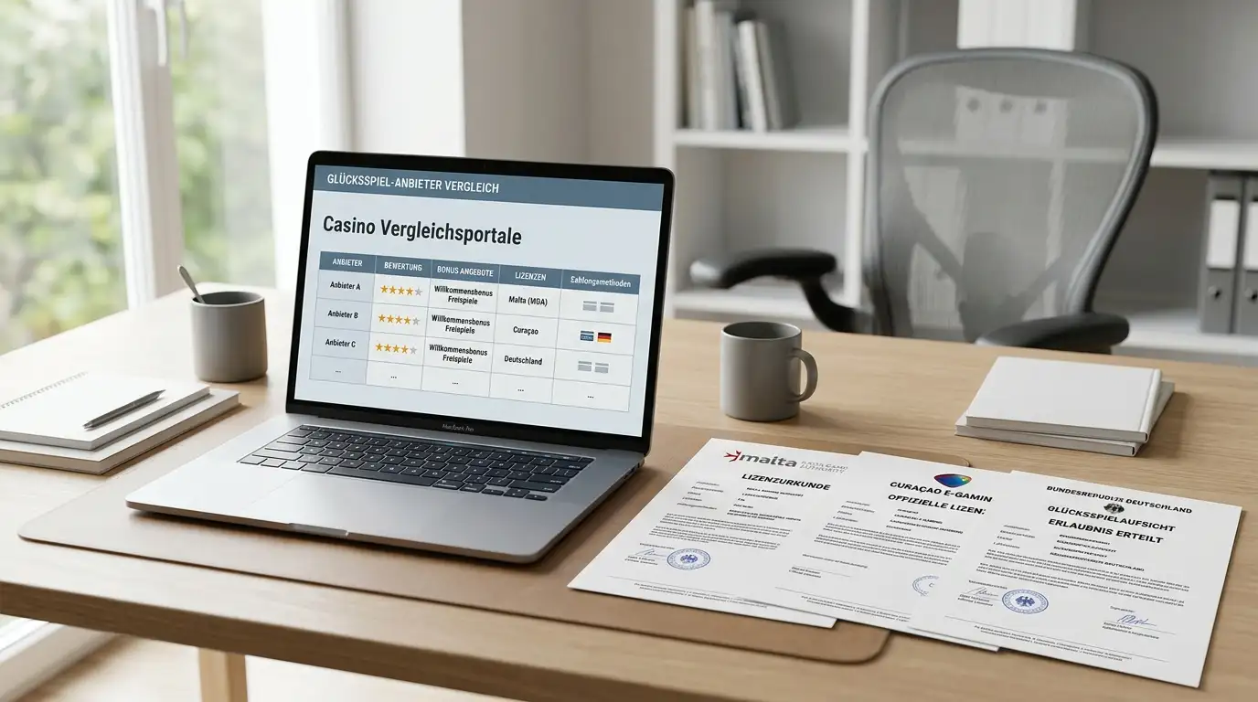 Moderner Schreibtisch mit Laptop und Lizenz-Dokumenten verschiedener Jurisdiktionen