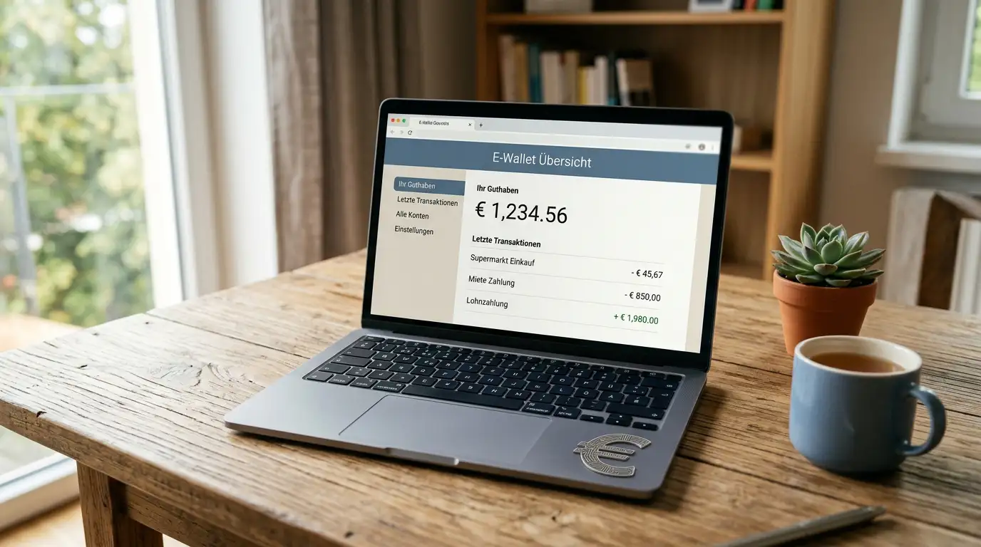 Laptop auf einem Schreibtisch mit geöffnetem Browser und neutralem E-Wallet-Interface, daneben ein €-Symbol als Chip
