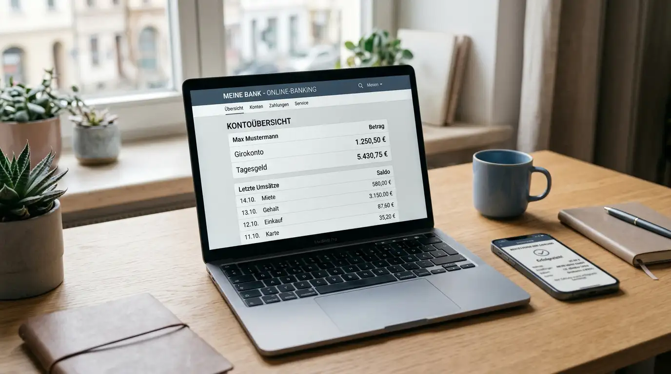 Schreibtisch mit Laptop und geöffnetem Online-Banking-Interface für Casino-Einzahlung