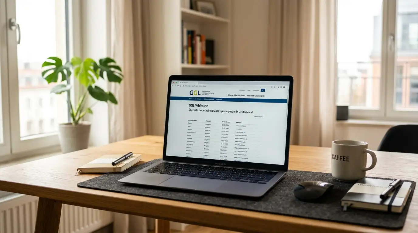 Schreibtisch mit Laptop und geöffneter GGL-Whitelist auf dem Bildschirm