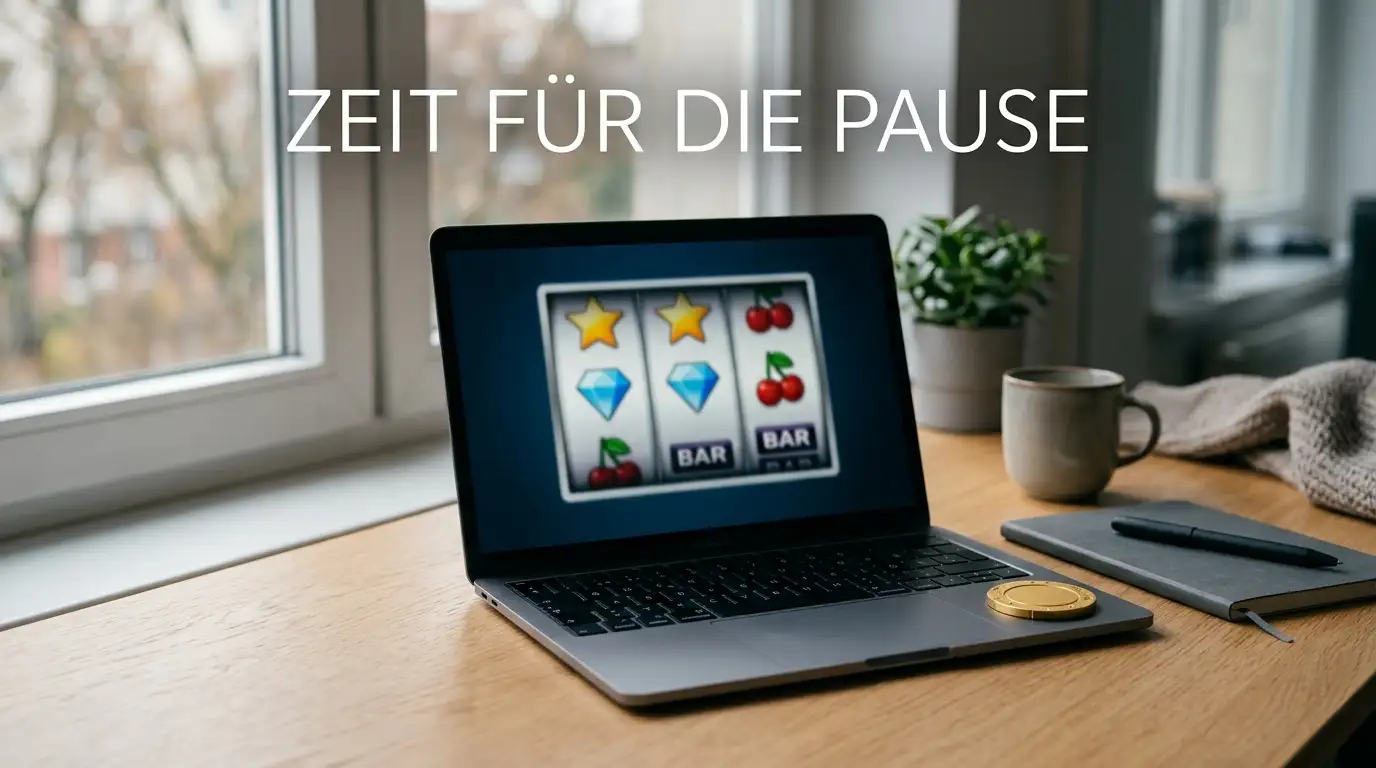 Laptop mit generischen Spielautomaten-Walzen und goldenem Chip auf dem Schreibtisch