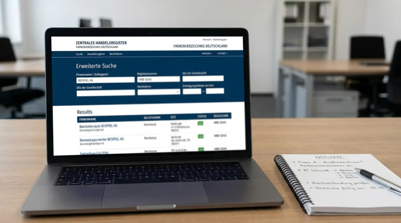 Laptop mit Unternehmensregister-Website und Notizen zur Betreiber-Recherche