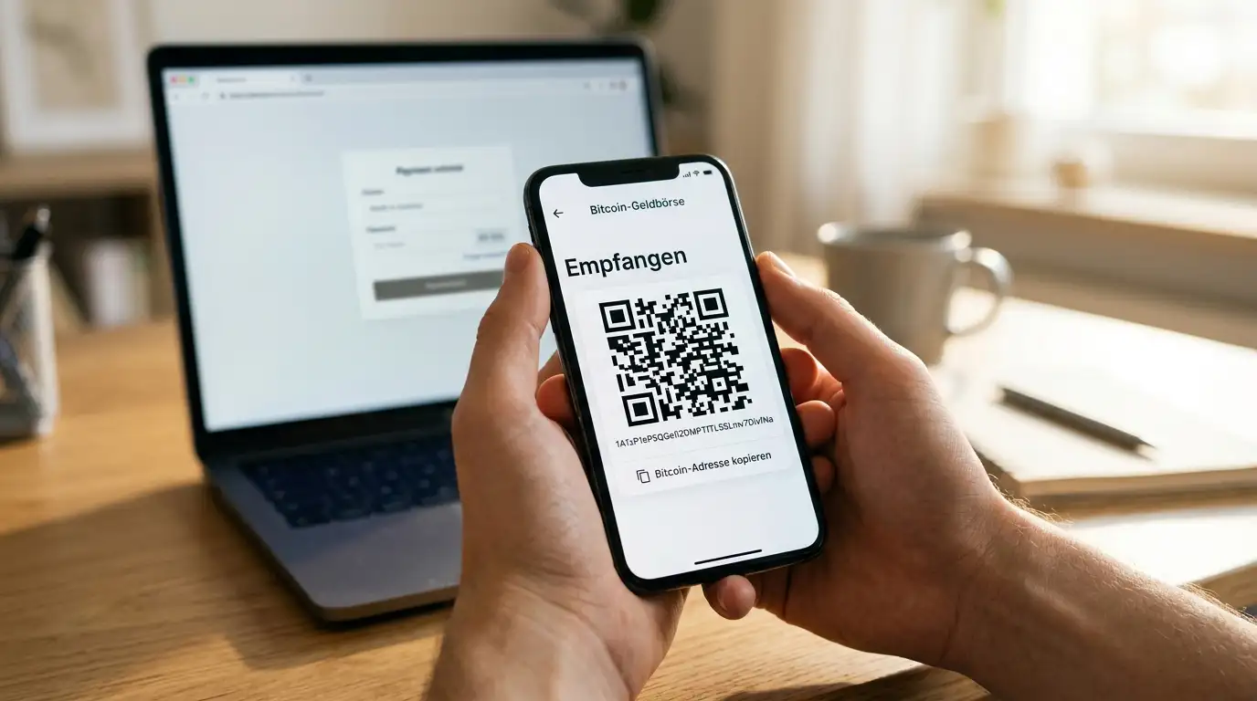 Smartphone mit geöffneter Bitcoin-Wallet-App und QR-Code für Casino-Einzahlung