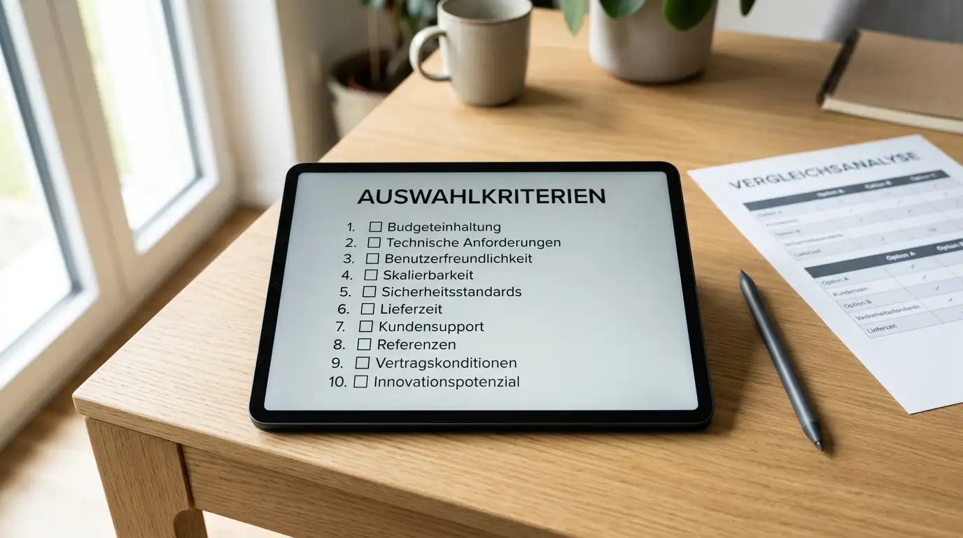 Checkliste auf einem Tablet zur Auswahl des passenden Casino-Neukundenbonus mit Stift daneben