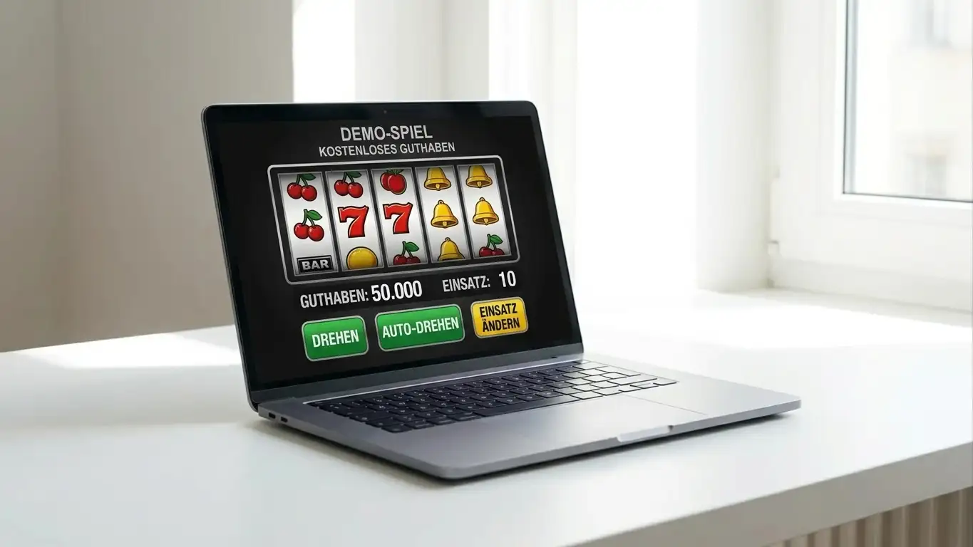 Laptop mit einer Demo-Oberfläche eines Spielautomaten auf neutralem Hintergrund