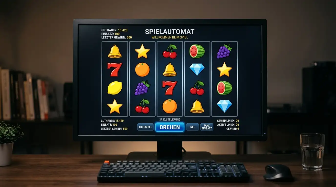 Neutrale Spielautomaten-Symbole auf einem Monitor ohne erkennbare Marken