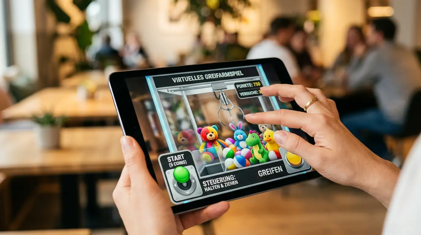 Virtueller Greifarm auf Tablet-Bildschirm mit leuchtenden Preisen