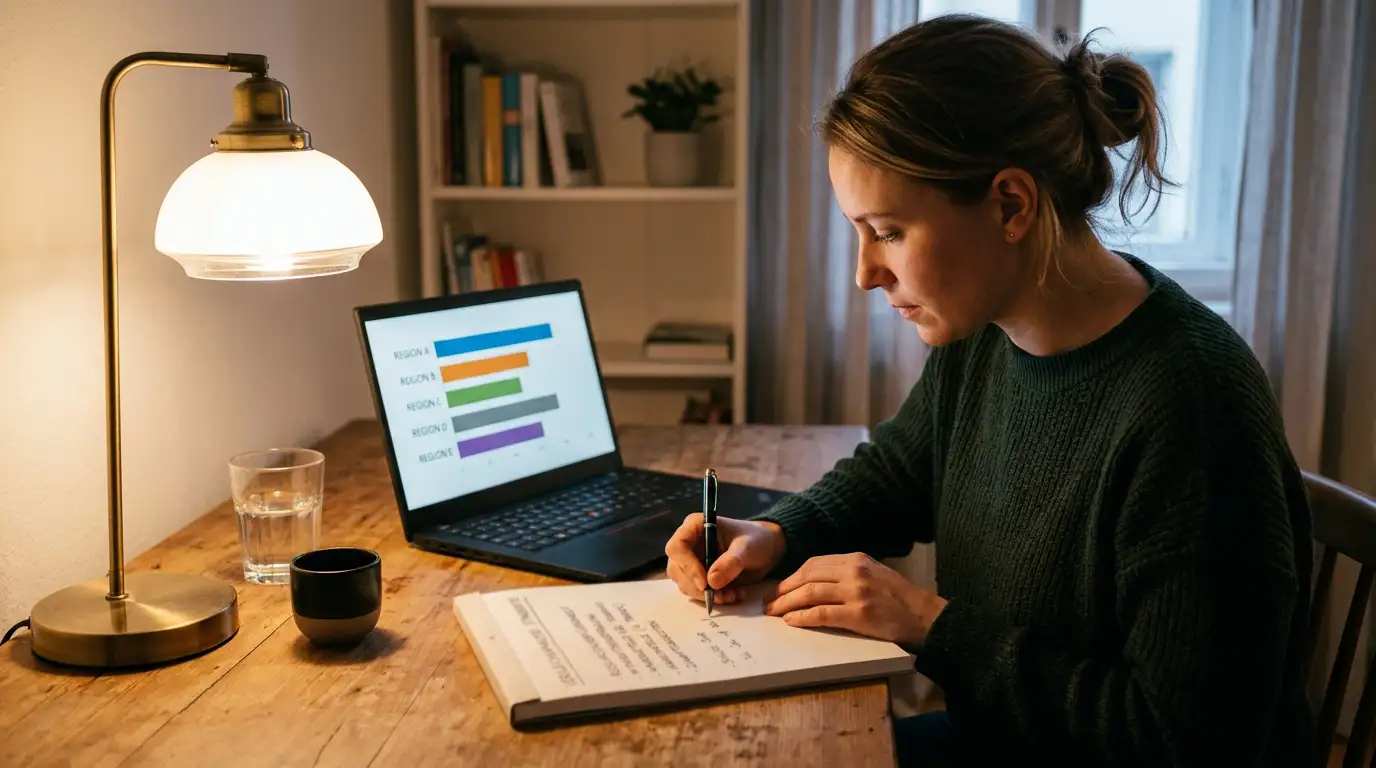 Hand schreibt Notizen neben einem Laptop mit abstrakten Vergleichsbalken unter warmer Lampe