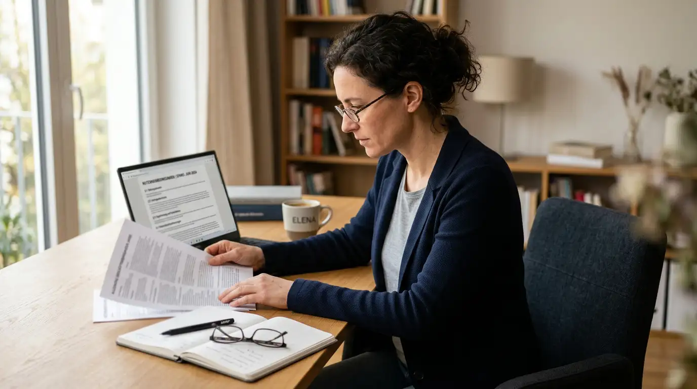 Person prüft am Schreibtisch die Bonusbedingungen einer Spielothek auf dem Laptop