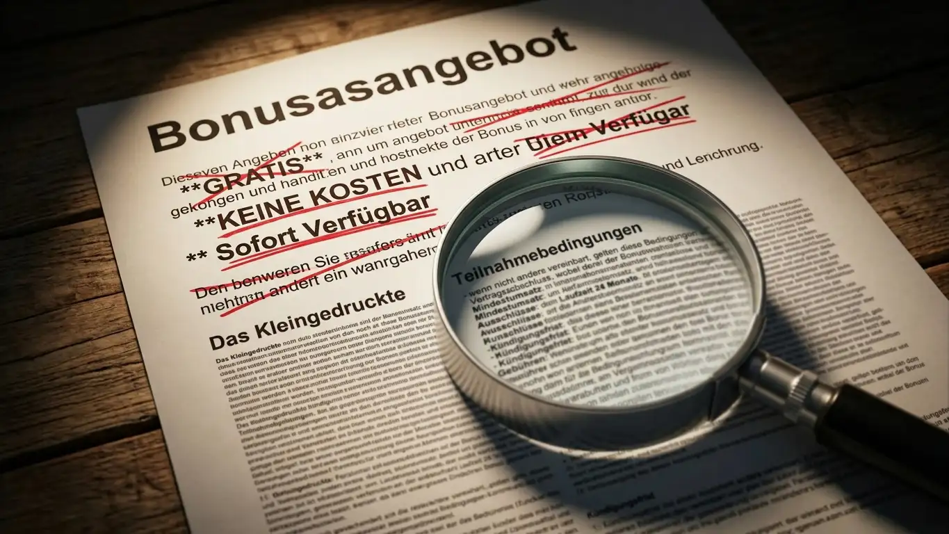 Bonusdokument mit durchgestrichenem Text und Lupe über Kleingedrucktem