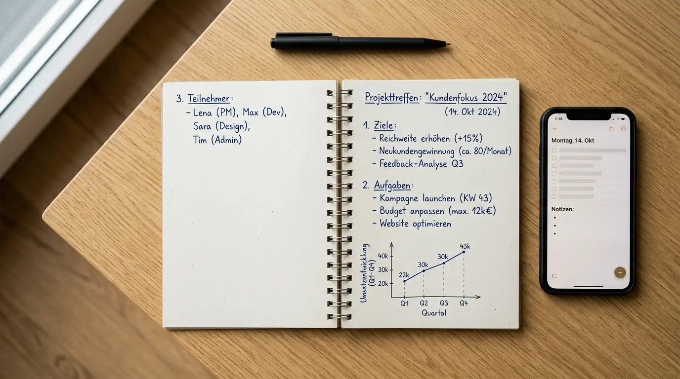 Kleines Notizbuch mit handschriftlichen Berechnungen neben einem Smartphone auf hellem Holz