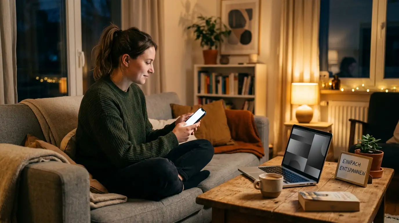 Person auf dem Sofa mit Smartphone und geöffnetem Laptop am Abend