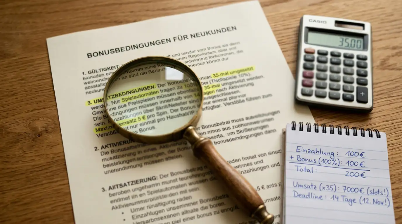 Lupe über gedruckten Bonusbedingungen, Taschenrechner und Notizblock daneben, warmes Licht