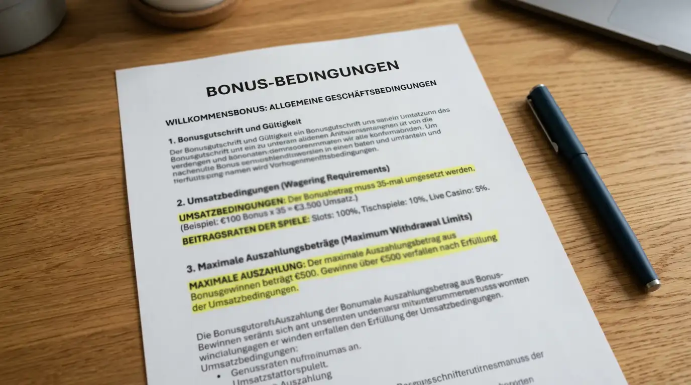Dokument mit Bonusbedingungen und Taschenrechner auf einem Schreibtisch, gelbe Markierungen bei Umsatz und Maximalauszahlung