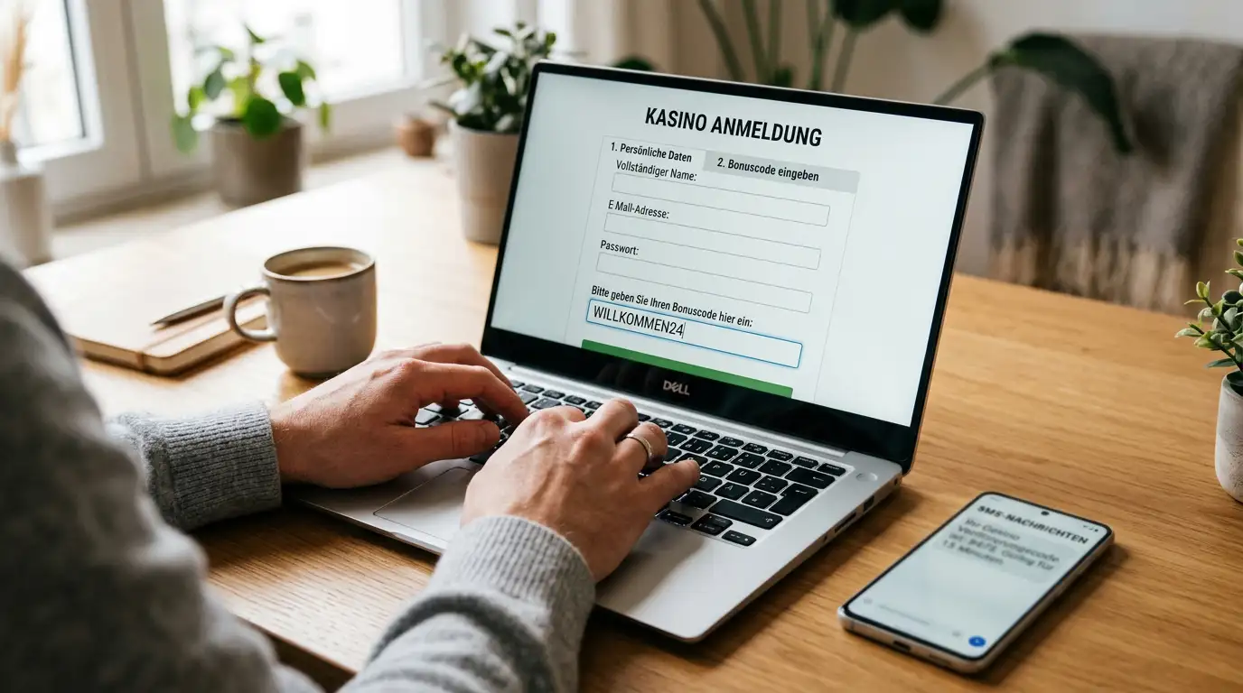Person am Laptop, die einen Bonus-Code in ein Casino-Registrierungsformular eingibt, Smartphone mit SMS-Verifizierung daneben