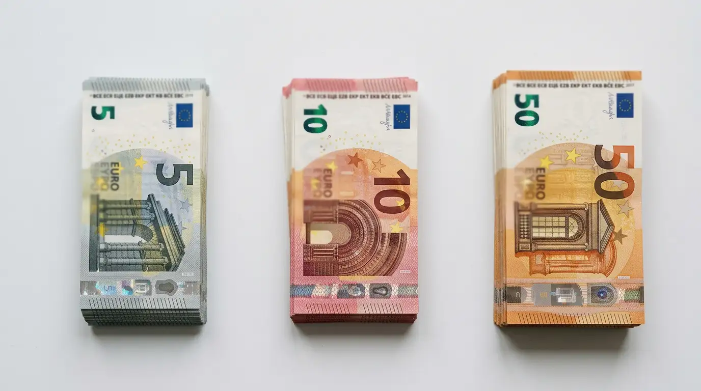 Gestapelte Euro-Scheine in Fünfer-, Zehner- und Fünfziger-Noten, neutrale Anordnung, weiches Licht