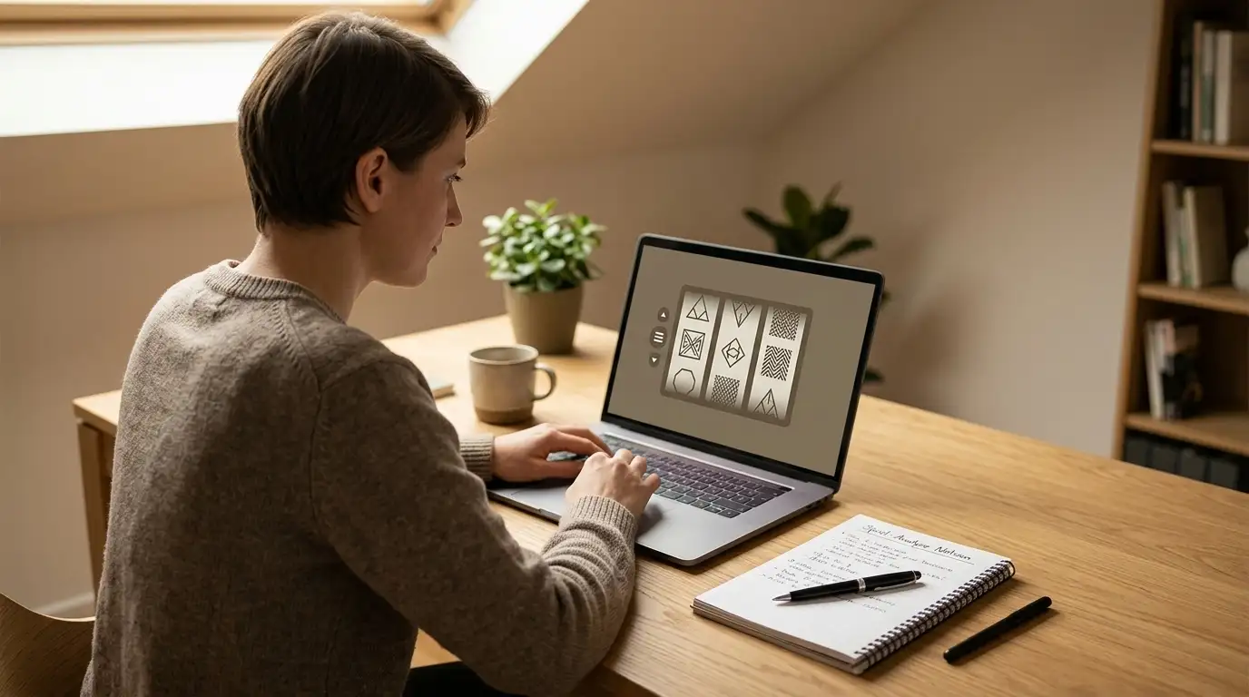 Person am Schreibtisch mit Laptop und Notizblock neben einer neutralen Spieloberfläche