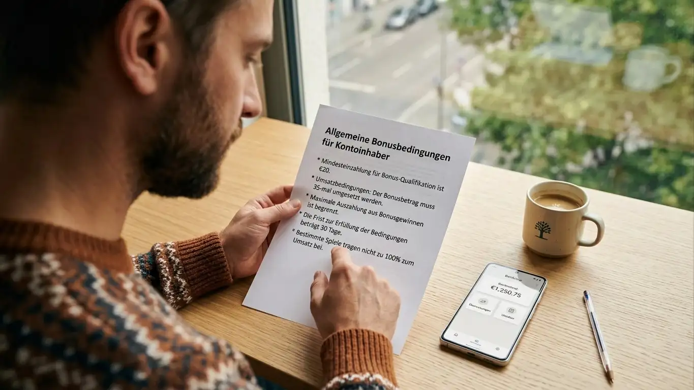 Bonusdokument mit Freispiel-Bedingungen auf Schreibtisch neben Smartphone