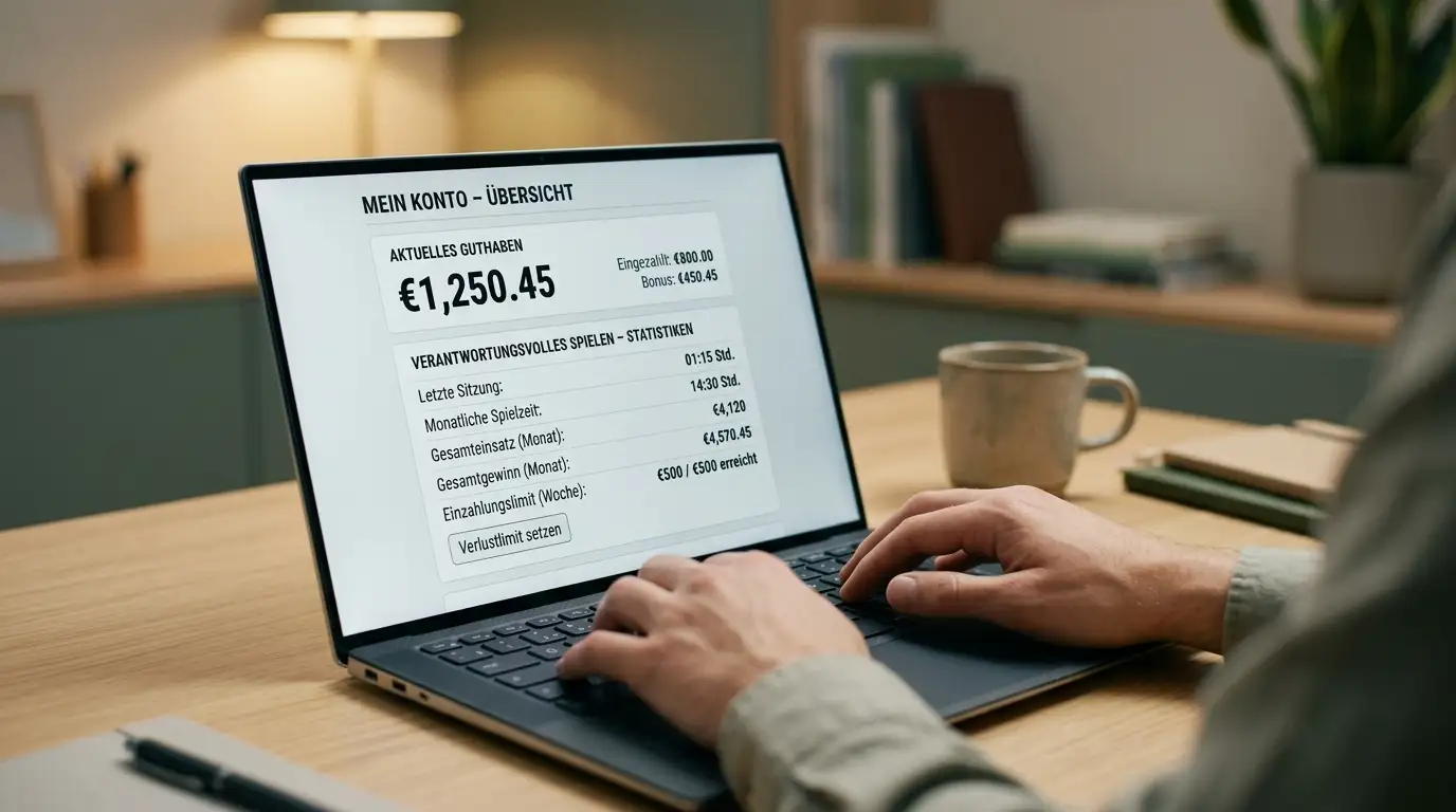 Person am Laptop überprüft Casino-Guthaben und Spielstatistiken auf Bildschirm