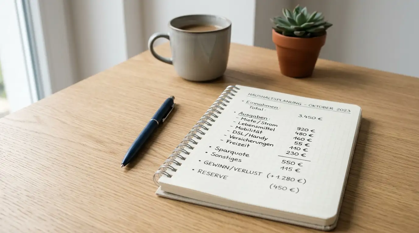 Ruhiger Schreibtisch mit Notizblock und Stift neben einem Smartphone