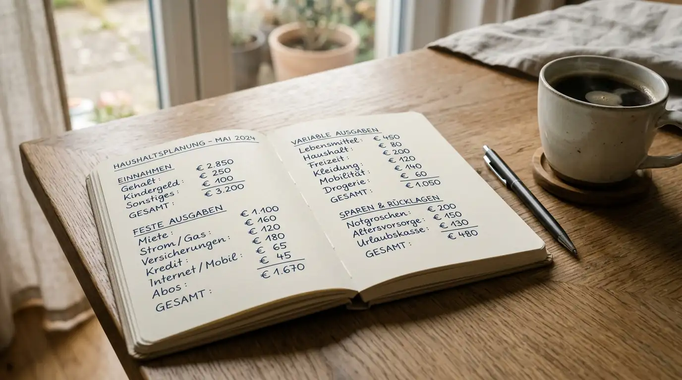 Notizbuch mit handschriftlichem Budgetplan neben einer Tasse Kaffee