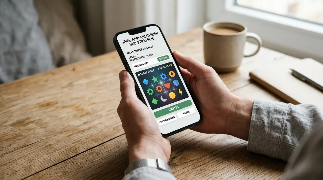 Hände halten ein Smartphone mit einer neutralen Spielautomaten-App ohne erkennbare Markenzeichen