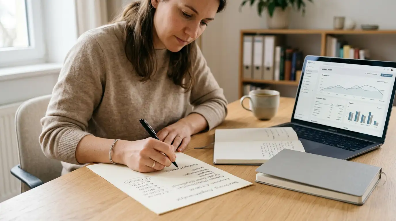 Person rechnet mit Stift und Papier den echten Wert einer Cashback-Rückvergütung aus