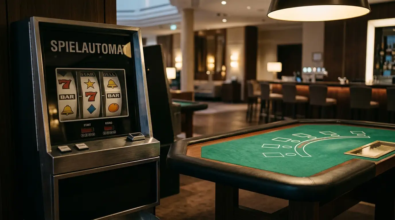 Generische Walzen eines Spielautomaten neben einem ruhigen Live-Tisch ohne Markenzeichen