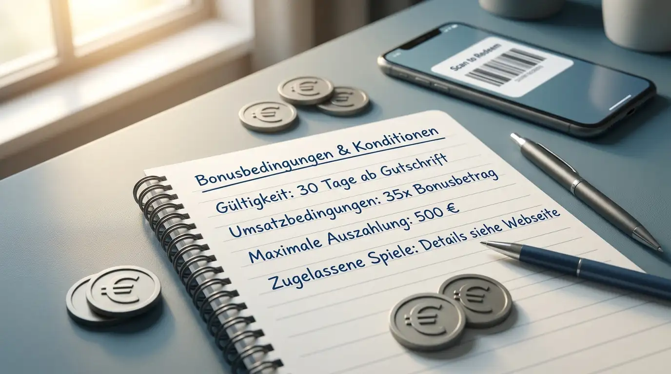 Notizblock mit handschriftlichen Notizen zu Bonusbedingungen und ein Stift auf dem Schreibtisch, daneben ein Smartphone mit Barcode
