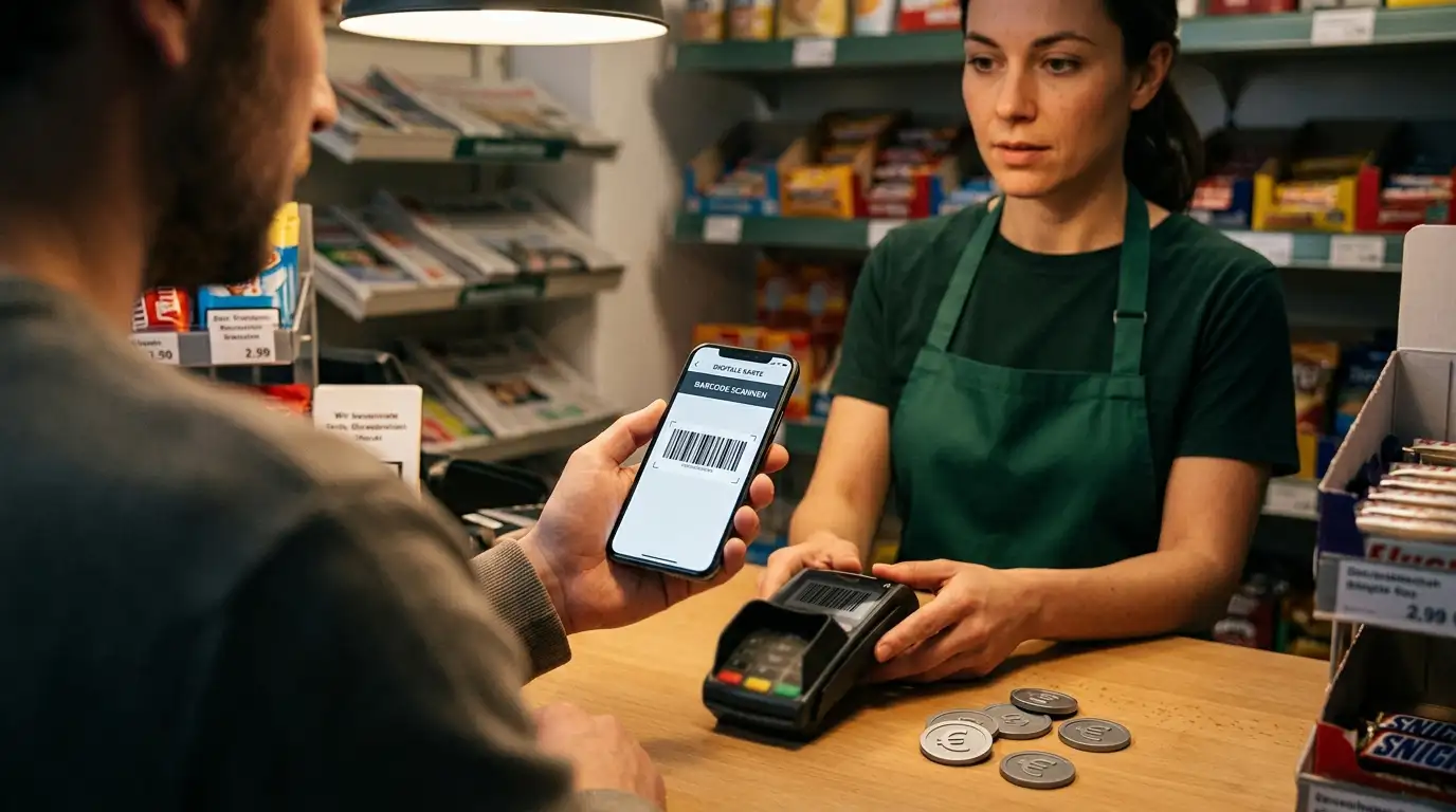 Person zeigt an einer Kiosk-Kasse ein Smartphone mit Barcode vor, Euro-Symbol-Markierungen liegen neben dem Kassenterminal
